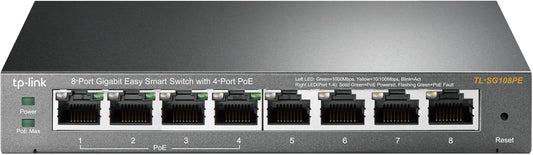 TP-Link switch with 8 Gigabit Ethernet ports and 4 PoE ports on a white background