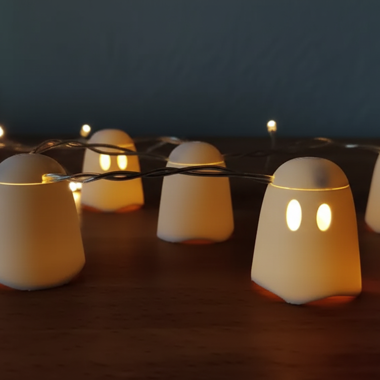 String lights with white ceramic lampshades on a dark background