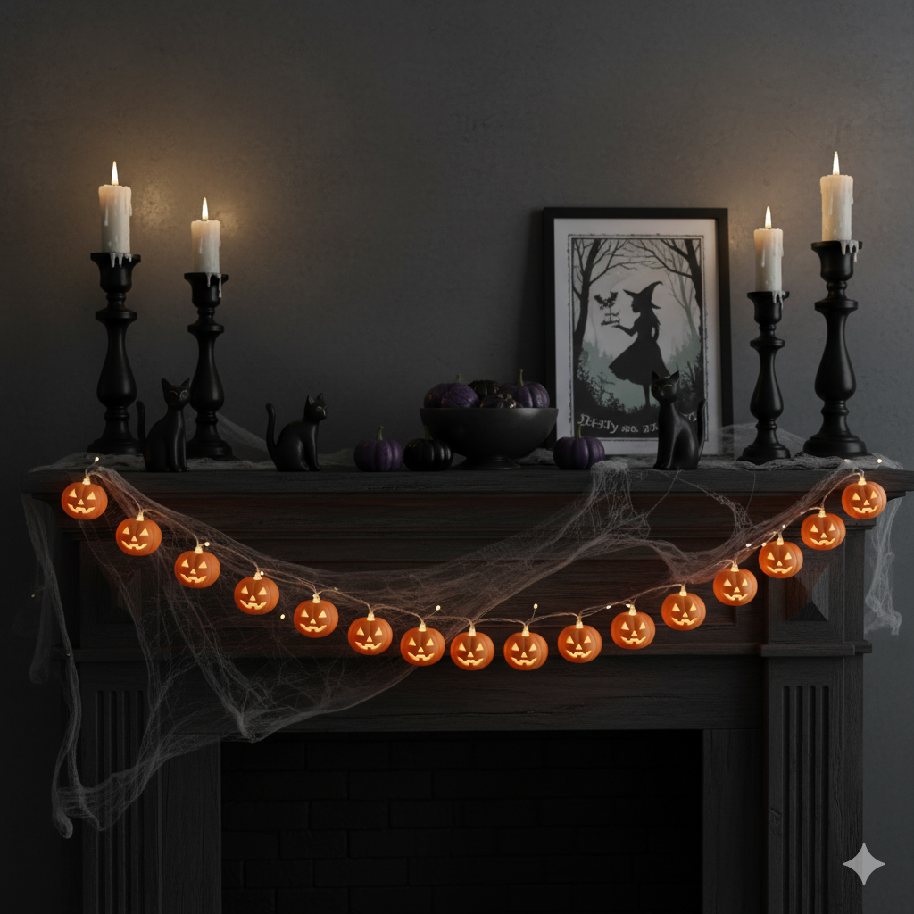 Halloween-themed fireplace with lit candles, pumpkins, and a framed picture on a dark background.