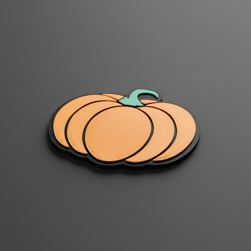 Pumpkin-shaped drink coaster on a dark gray background