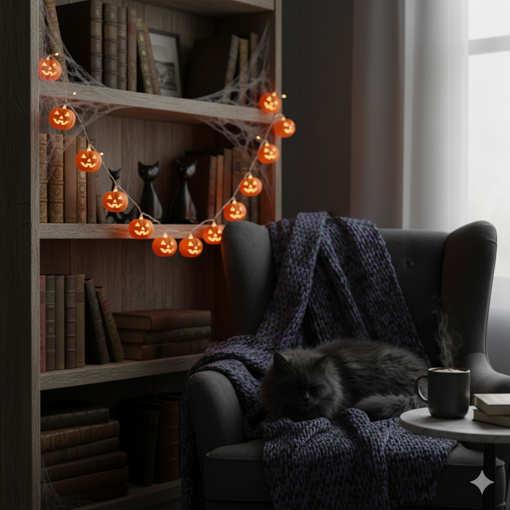 Cozy living room with Halloween decorations, including string lights and black cats, on a bookshelf.