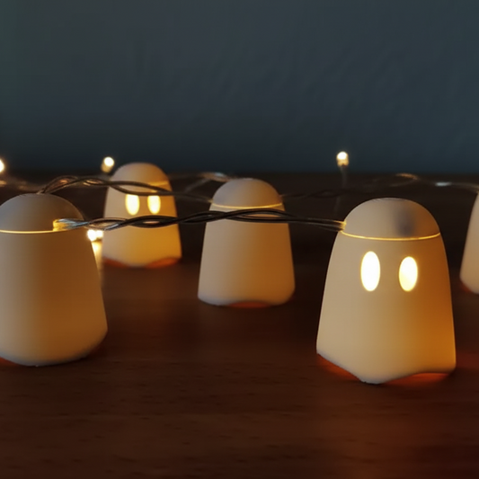 String lights with white ceramic lampshades on a dark background
