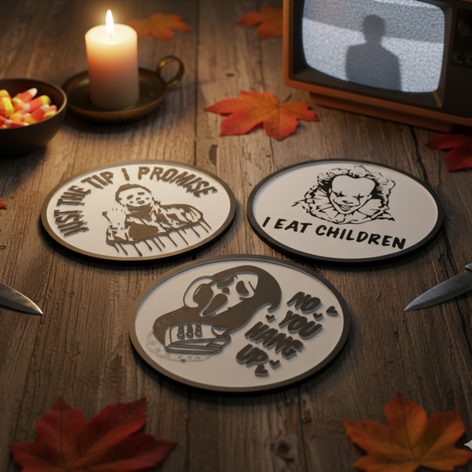Three coasters with Halloween-themed sayings on a wooden table with a candle and vintage TV.
