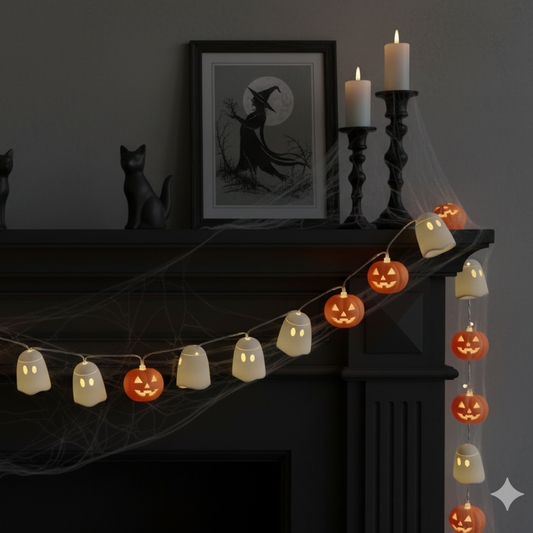 Halloween-themed fireplace with pumpkins, candles, and a framed picture of a witch on a broomstick.