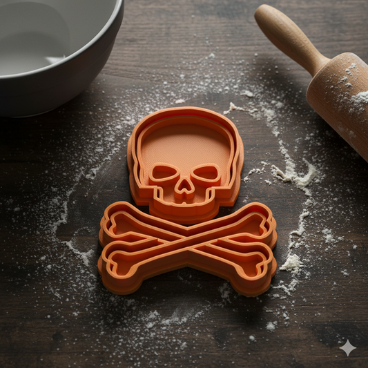 Skull and crossbones cookie cutter on a wooden surface with flour and a rolling pin.