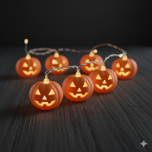 String of jack-o'-lantern lights on a dark surface